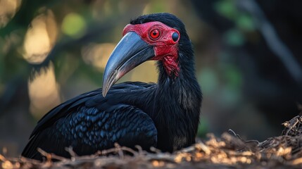 Ground hornbill in natural habitat featuring striking black feathers and vivid red facial coloration against a blurred green background