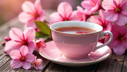 Fototapeta premium teacup filled with tea amidst blooming pink flowers, botanical, cherry blossom, garden