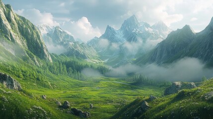 Fototapeta premium Serene landscape of lush green mountains and misty valleys under daylight showcasing natural beauty and tranquility.