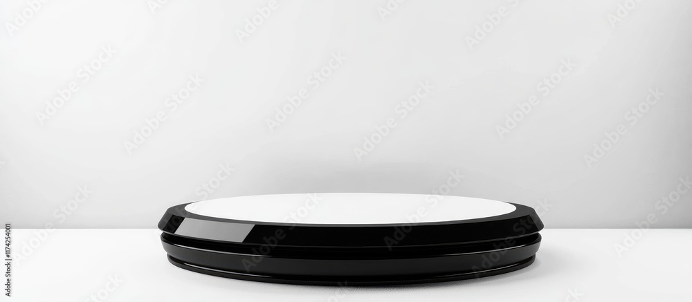 Poster futuristic black and white podium on minimalist white background with ample empty space for promotio