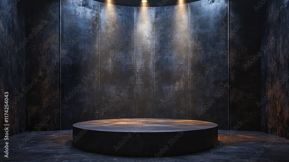 Poster 3d rendering of a dark empty stage with circular platform and metal walls illuminated by spotlights 