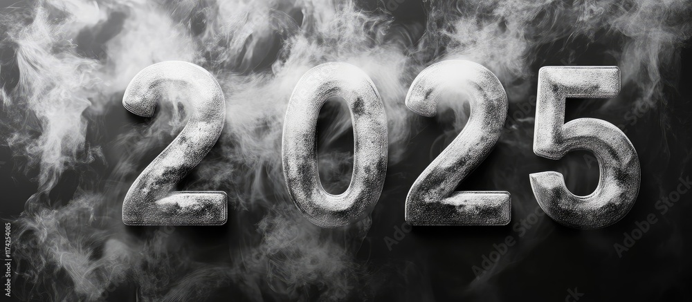 Poster 3d rendered number 2025 surrounded by smoky clouds symbolizing new year celebration with space for c
