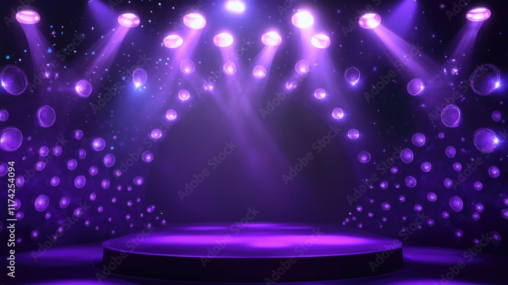 Poster 3d purple podium stage backdrop with lights and abstract design for presentation or performance sett