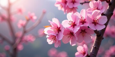 Obraz premium Fragrant pink cherry blossom on a tree branch, Himalayan cherry, Prunus cerasoides, trees in flower