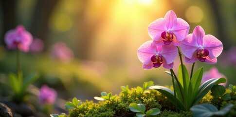Golden light falls upon a serene orchid landscape, soft focus, holyspirit blooming, whiteshade