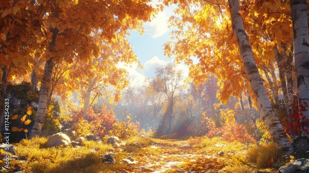 Poster serene autumn landscape with vibrant foliage and sunlight filtering through trees in a tranquil fore