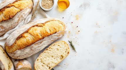 Rustic Ciabatta Bread with Olive Oil and Sesame Seeds on Light Background with Space for Culinary Text and Dark Marble Accents