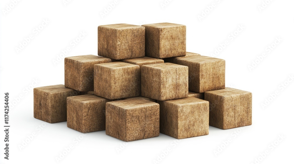 Poster 3d wooden cubes stacked in a pyramid formation on a white background isolated for design and creativ