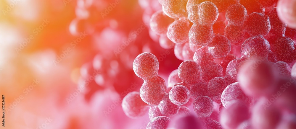 Poster 3d abstract human skin molecules background with foreground focus and empty copyspace for text in vi