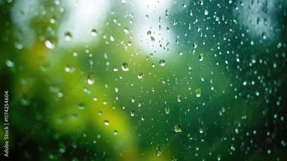 Poster rainy window with water drops reflecting greenery behind during a rainy day in soft focus creating a