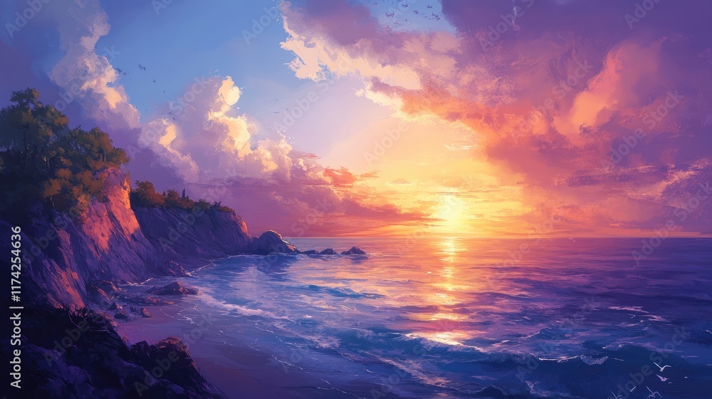 Aufkleber sunset over calm ocean waters with warm colors reflecting on the surface creating a serene and tranq
