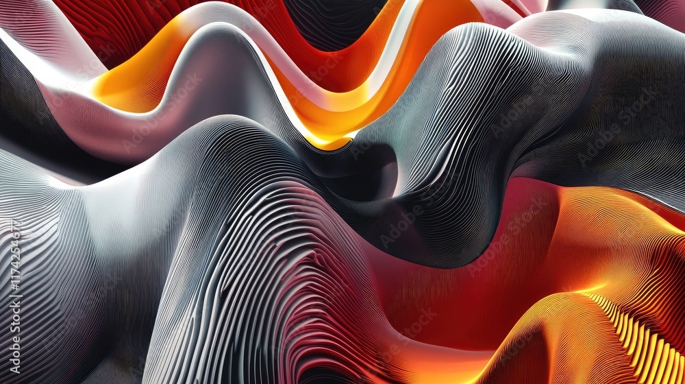 Poster vibrant 3d abstract flowing lines with dynamic light effects creating a motion illusion in a colorfu