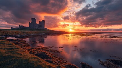 Doonagore Castle at Sunset Stunning Coastal Landscape with Vibrant Sky Reflections and Rich Colors in the Wild Atlantic Way