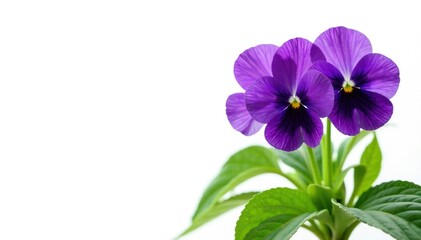 Obraz premium Pansy violet flowers on a lush green stem against a pristine white background, botanical, garden