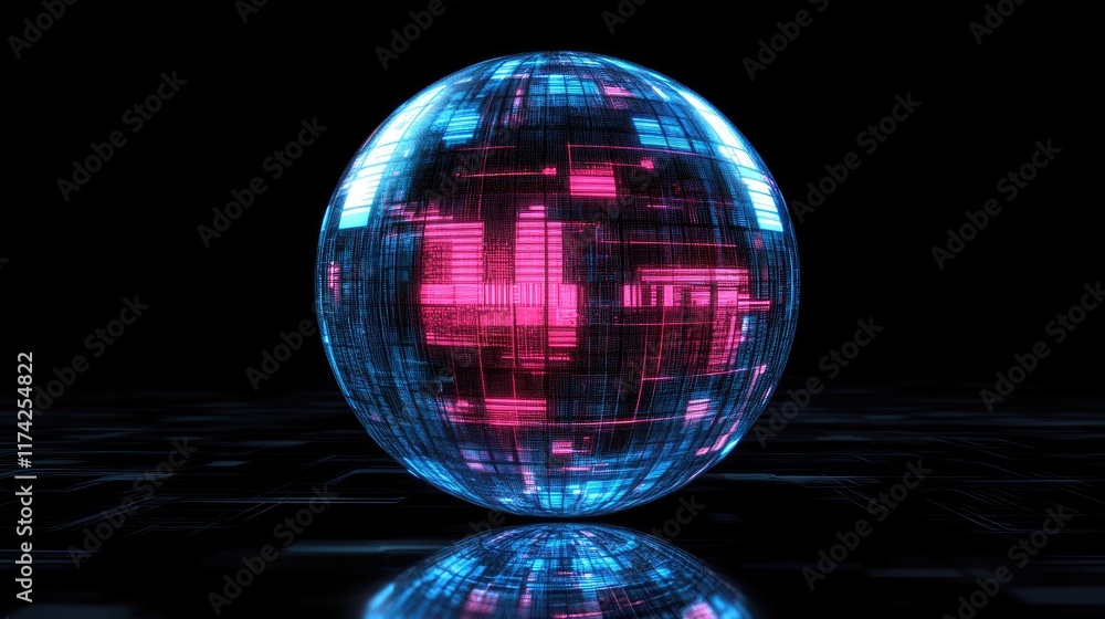 Poster 3d abstract futuristic sphere in blue and pink tones illuminated against a dark cyberpunk background