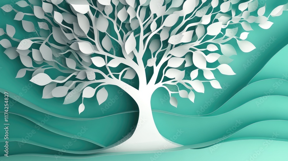 Poster 3d abstract paper cut tree design in green and white with layered background showcasing artistic nat