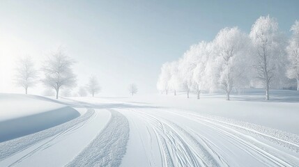 Obraz premium Snowy winter landscape with ski tracks through pristine white scenery and frosted trees under soft sunlight.