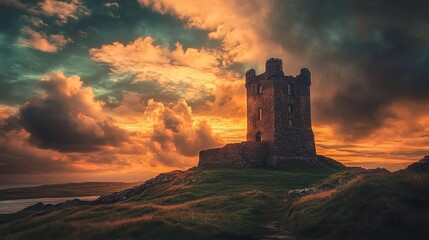 Fototapeta premium Doonagore Castle at sunset showcasing stunning coastal landscape with dramatic sky and clouds along the Wild Atlantic Way in Ireland.