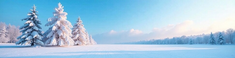 Fototapeta premium Frosty morning landscape with snow-covered trees and a blue sky, snow, blue, serene