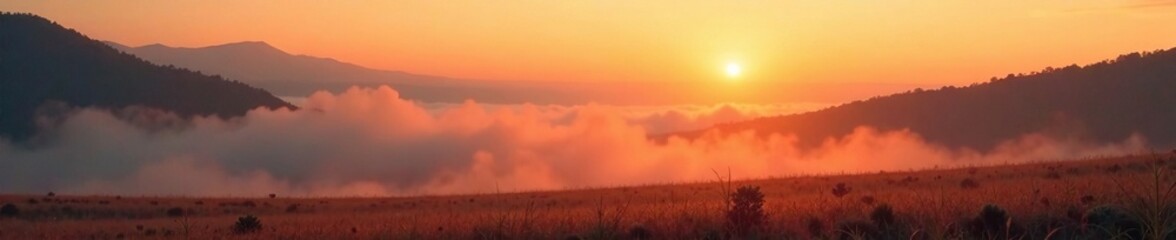 Soft orange mist rises from a serene landscape at dawn, landscape photography, natural light, abstract textures