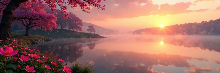 Fototapeta premium Sunset over a tranquil lake with blooming flowers and a misty atmosphere, landscape, trees, water