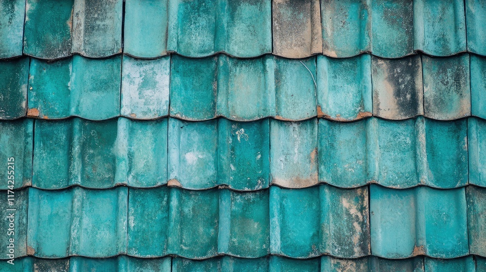 Poster aerial view of weathered mint blue roof tiles showcasing textured patterns ideal for backgrounds or 
