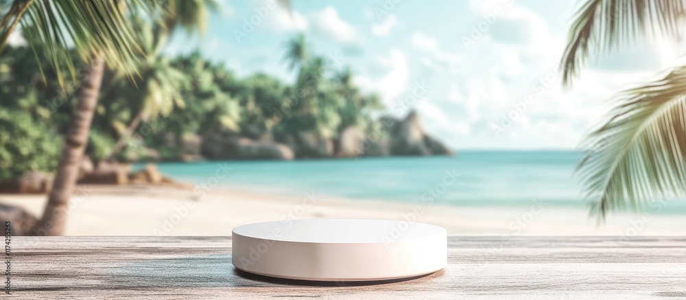 Poster 3d product display pedestal with blurred tropical beach background and ample empty space for text or