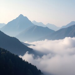 Dense fog envelops a mountain range, obscuring the distant peaks, , misty landscape