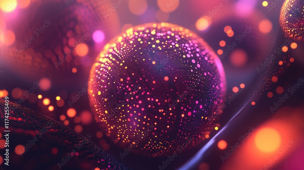 Poster futuristic 3d abstract sphere with bokeh effects in vibrant colors for technology and digital backgr
