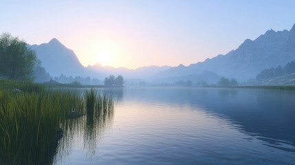 Naklejka premium Tranquil lake view at sunrise with majestic mountains and lush greenery reflecting in calm water landscape