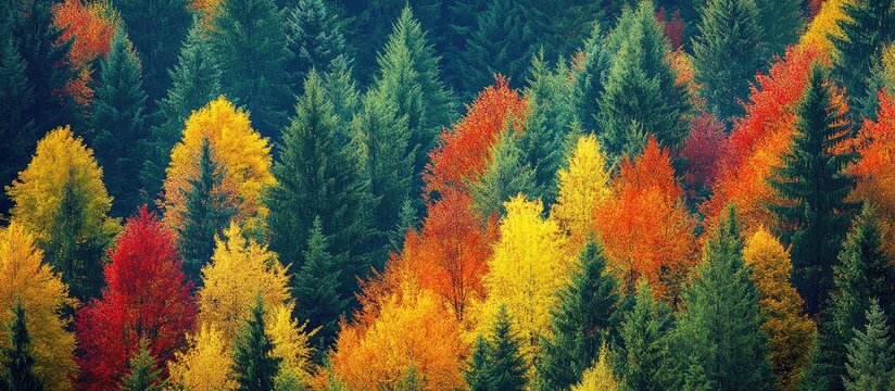 Aerial view of vibrant autumn forest showcasing colorful maple trees in a natural setting ideal for nature-themed designs and promotions