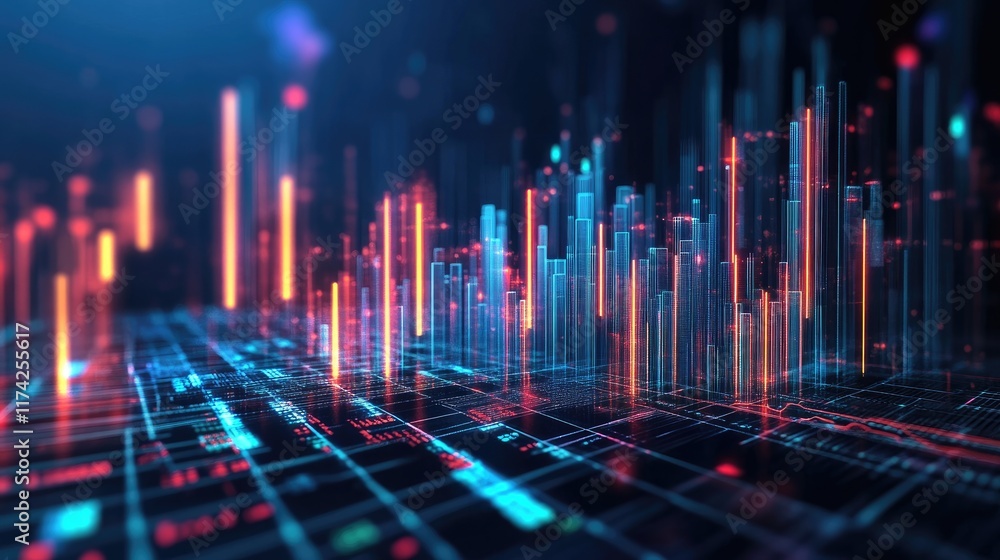 Poster dynamic 3d bar charts showcasing vibrant data visualization and strong performance metrics in a futu