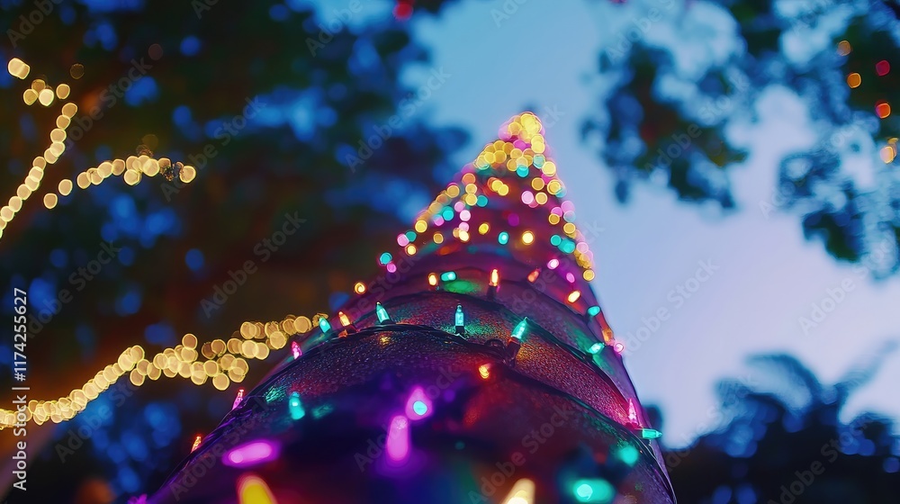 Poster close up of a vibrant christmas tree adorned with colorful bokeh lights creating a festive atmospher