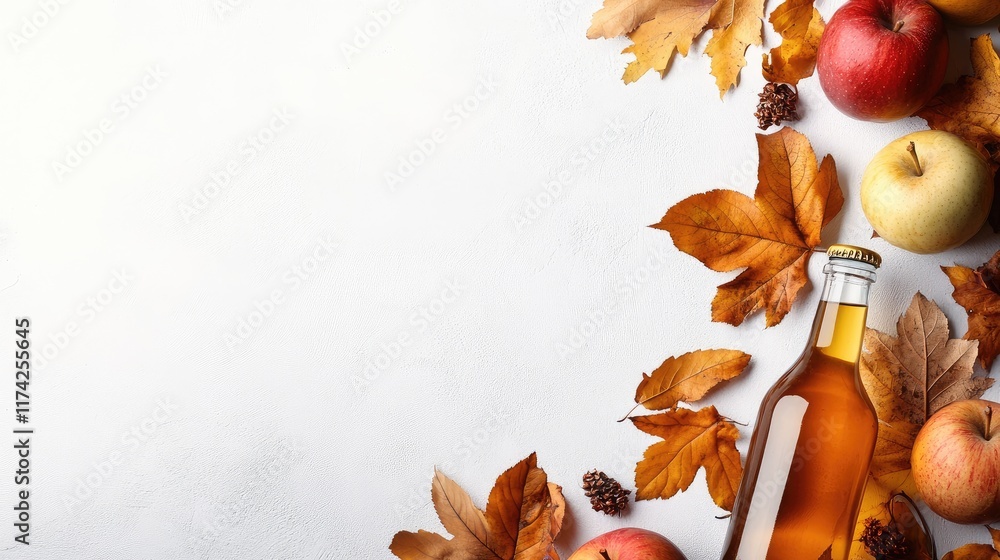Poster autumn cider bottle with apples and dried leaves on a white background showcasing empty copy space f