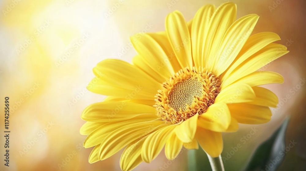 Poster vibrant yellow flower blossom in garden setting with soft bokeh background creating a serene and col
