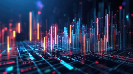 Dynamic 3D bar charts showcasing vibrant data visualization and strong performance metrics in a futuristic digital environment