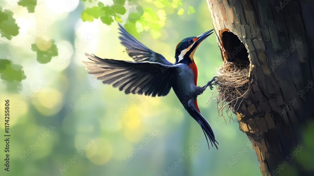 Poster woodpecker soaring towards its nest in a serene forest setting surrounded by lush greenery and soft 