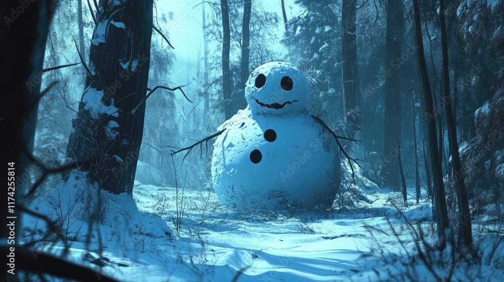 Poster eerie snowman in a tranquil winter forest surrounded by tall trees and soft snow under a foggy atmos