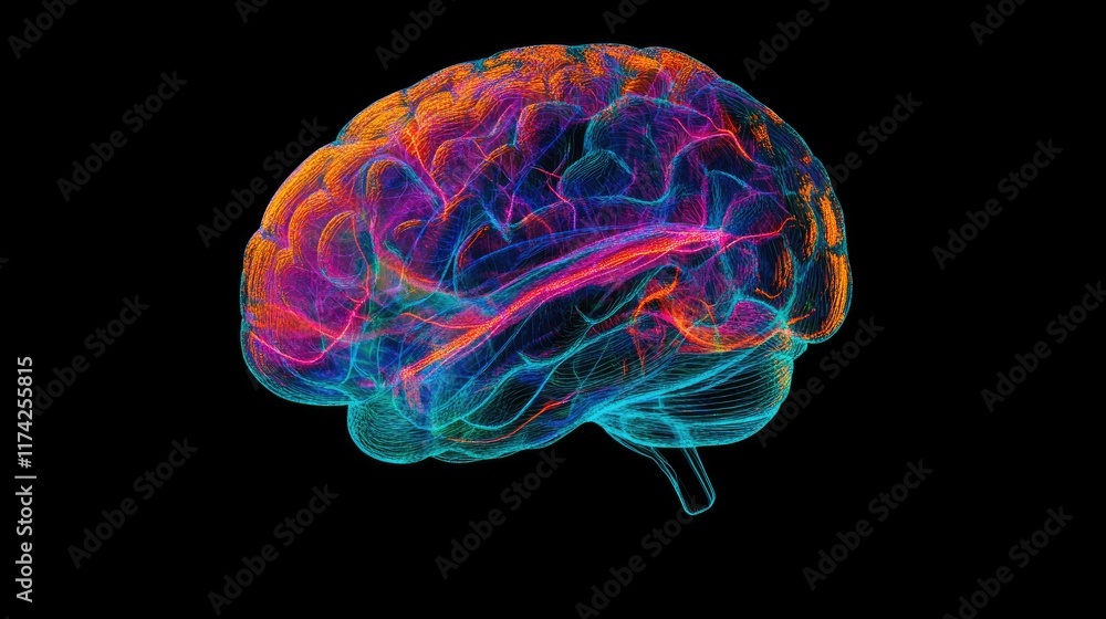 Poster 3d colorful brain model with neon waves representing neural networks and future medicine in neurosci