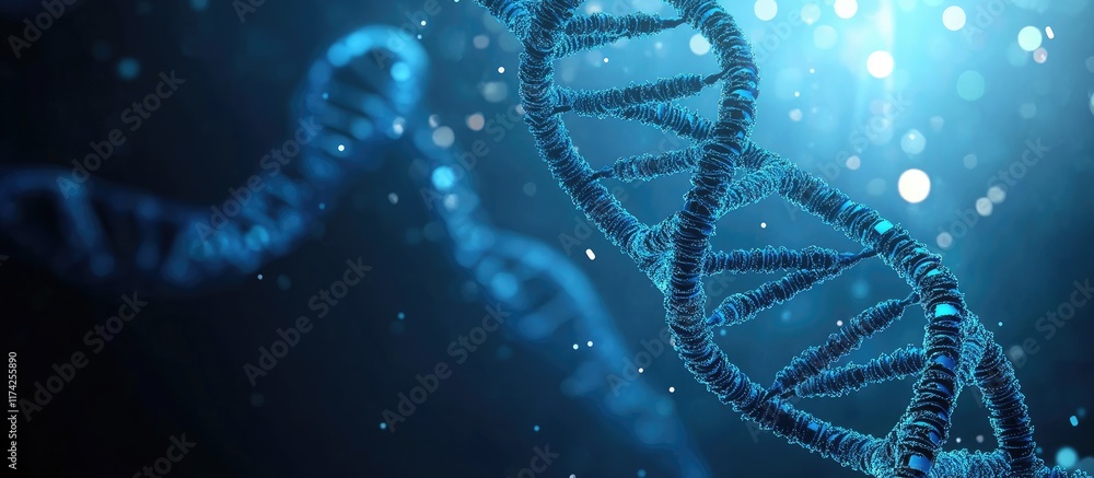 Poster 3d representation of a dna double helix on a blue background with space for text highlighting scient