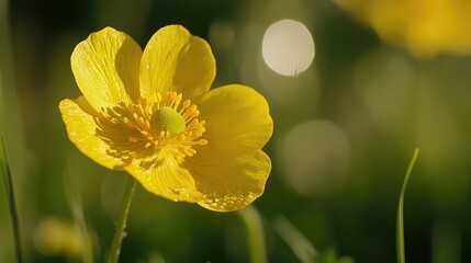 Vibrant yellow wildflower blooming in a lush green garden showcasing nature's beauty and intricacy in soft sunlight