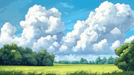 Lush summer landscape featuring vibrant fields and majestic cumulus clouds under a bright blue sky in the serene countryside.