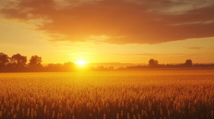 Obraz premium Golden sunset illuminating a serene rapeseed field in the peaceful countryside landscape