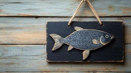 Decorative wooden fish sign on rustic wooden background with burlap ribbon providing a stylish and charming nautical touch for interiors