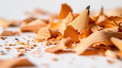 Close up of pencil shavings scattered on a white surface showcasing textures and colors of sharpened wood and graphite remnants.
