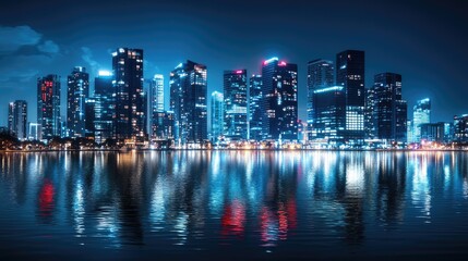 Fototapeta premium Aerial view of a modern city skyline at night showcasing skyscrapers and vibrant lights reflecting on water with space for text placement