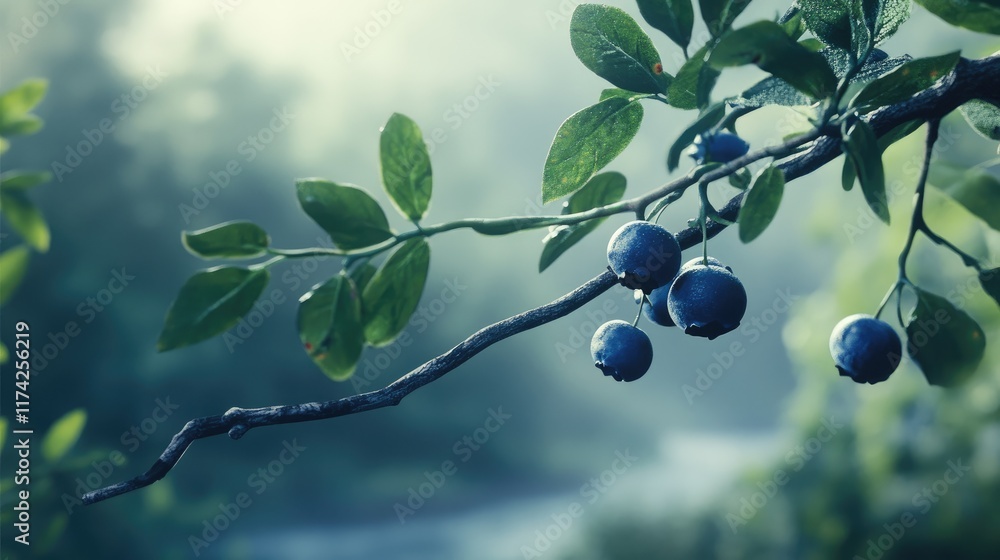Aufkleber blueberry branch with ripe berries surrounded by lush greenery in a tranquil misty forest setting