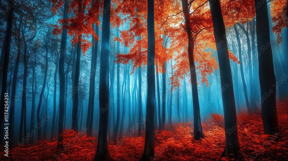 Poster vibrant beech trees with reddish leaves contrasting against a blue misty forest atmosphere in autumn