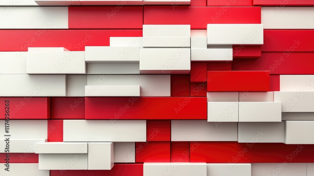 Poster 3d abstract block stack background in red and white stripes symbolizing barrier or obstruction