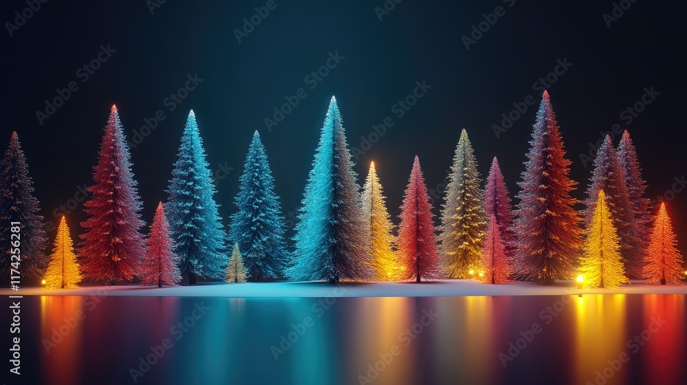 Poster 3d vibrant christmas scene featuring illuminated coniferous trees with color variations for festive 